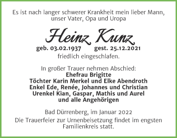 Traueranzeige von Heinz Kunz von Mitteldeutsche Zeitung Halle/Saalkreis