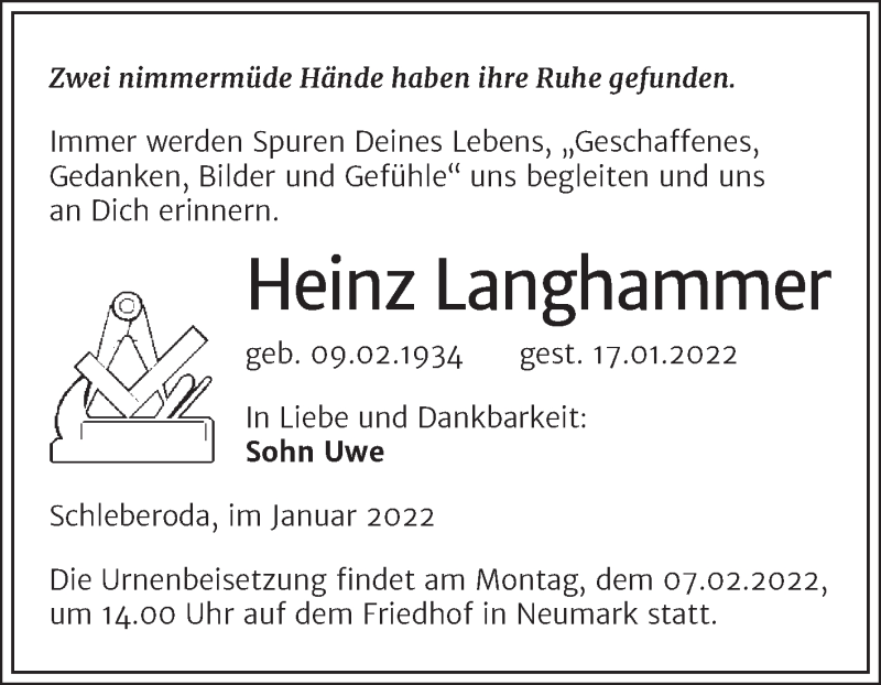  Traueranzeige für Heinz Langhammer vom 22.01.2022 aus Trauerkombi Merseburg