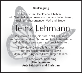 Traueranzeige von Heinz Lehmann von Trauerkombi Aschersleben