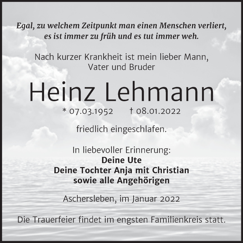  Traueranzeige für Heinz Lehmann vom 15.01.2022 aus Trauerkombi Aschersleben