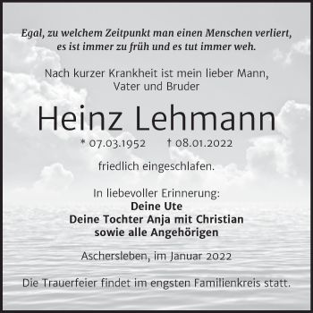 Traueranzeige von Heinz Lehmann von Trauerkombi Aschersleben