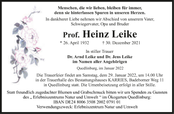 Traueranzeige von Heinz Leike von Trauerkombi Quedlinburg