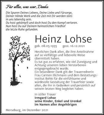 Traueranzeige von Heinz Lohse von Trauerkombi Merseburg