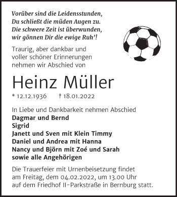 Traueranzeige von Heinz Müller von Trauerkombi Bernburg