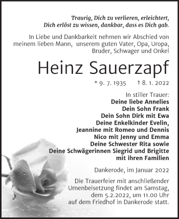 Traueranzeige von Heinz Sauerzapf von Trauerkombi Quedlinburg