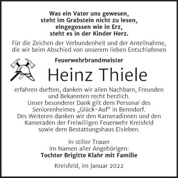Traueranzeige von Heinz Thiele von Trauerkombi Mansfelder Land