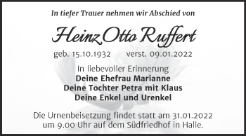Traueranzeige von Heinz Otto Ruffert von Mitteldeutsche Zeitung Halle/Saalkreis