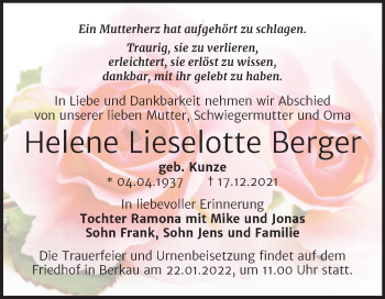 Traueranzeige von Helene Lieselotte Berger von Trauerkombi Wittenberg