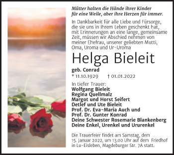 Traueranzeige von Helga Bieleit von Trauerkombi Mansfelder Land