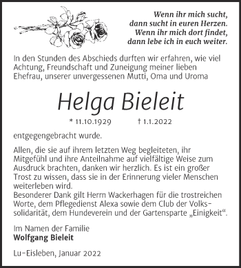 Traueranzeige von Helga Bieleit von Trauerkombi Mansfelder Land
