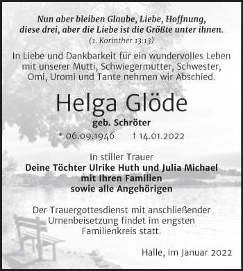 Traueranzeige von Helga Glöde von Mitteldeutsche Zeitung Halle/Saalkreis