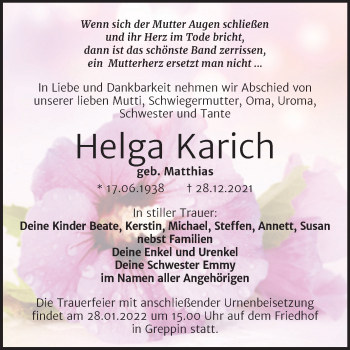 Traueranzeige von Helga Karich von Trauerkombi Bitterfeld