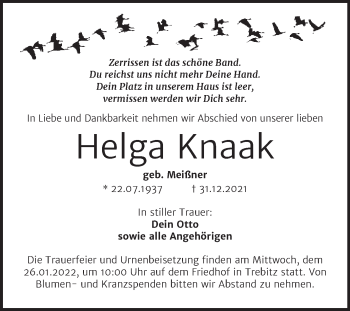 Traueranzeige von Helga Knaak von Trauerkombi Wittenberg