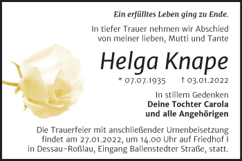 Traueranzeige von Helga Knape von Trauerkombi Dessau