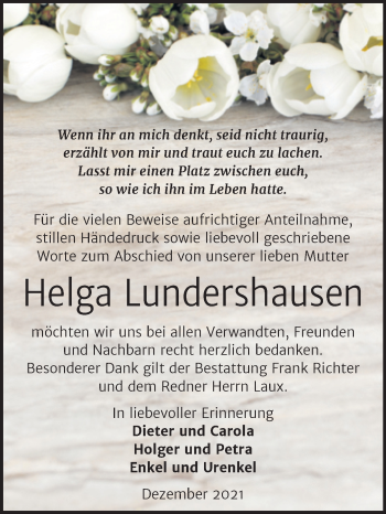 Traueranzeige von Helga Lundershausen von Trauerkombi Sangerhausen