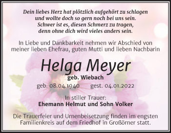 Traueranzeige von Helga Meyer von Trauerkombi Mansfelder Land