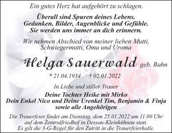 Traueranzeige von Helga Sauerwald von Trauerkombi Dessau