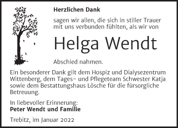 Traueranzeige von Helga Wendt von Trauerkombi Wittenberg