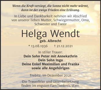 Traueranzeige von Helga Wendt von Trauerkombi Wittenberg