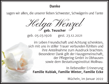 Traueranzeige von Helga Wenzel von Super Sonntag Merseburg/Querfurt