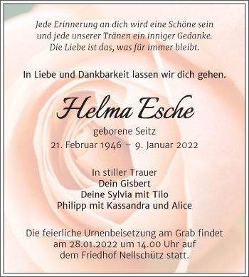 Traueranzeige von Helma Esche von Trauerkombi Weißenfels