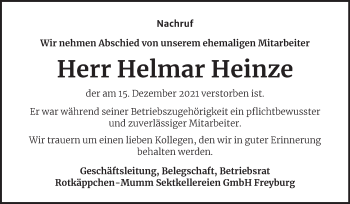 Traueranzeige von Helmar Heinze von Wochenspiegel Naumburg/Nebra