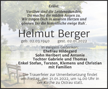 Traueranzeige von Helmut Berger von Mitteldeutsche Zeitung Halle/Saalkreis