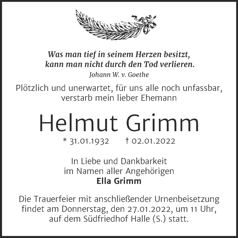  Traueranzeige für Helmut Grimm vom 15.01.2022 aus Mitteldeutsche Zeitung Halle/Saalkreis