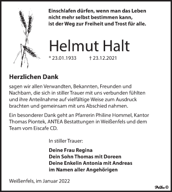 Traueranzeige von Helmut Halt von Trauerkombi Weißenfels