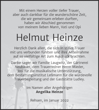 Traueranzeige von Helmut Heinze von Trauerkombi Wittenberg
