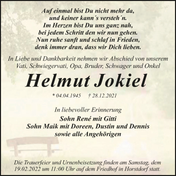 Traueranzeige von Helmut Jokiel von Trauerkombi Dessau