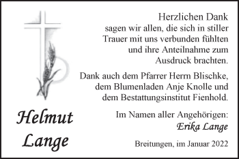 Traueranzeige von Helmut Lange von Trauerkombi Sangerhausen