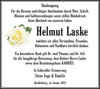 Traueranzeige von Helmut Laske von Trauerkombi Quedlinburg