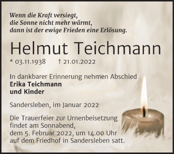 Traueranzeige von Helmut Teichmann von Trauerkombi Mansfelder Land