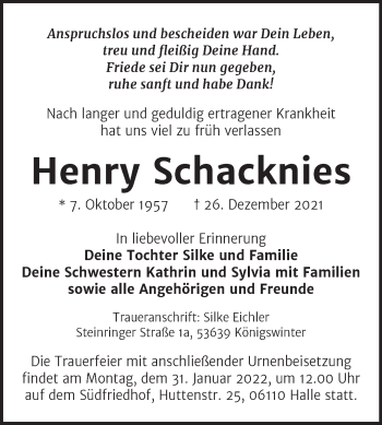 Traueranzeige von Henry Schacknies von Mitteldeutsche Zeitung Halle/Saalkreis