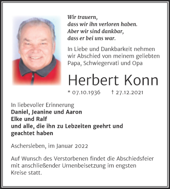 Traueranzeige von Herbert Konn von Mitteldeutsche Zeitung Aschersleben