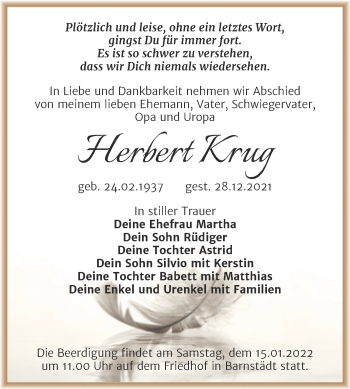 Traueranzeige von Herbert Krug von Trauerkombi Merseburg