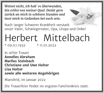Traueranzeige von Herbert Mittelbach von Trauerkombi Mansfelder Land