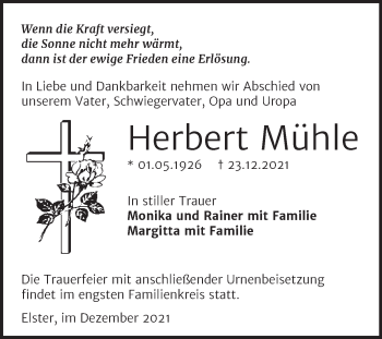 Traueranzeige von Herbert Mühle von Super Sonntag Wittenberg