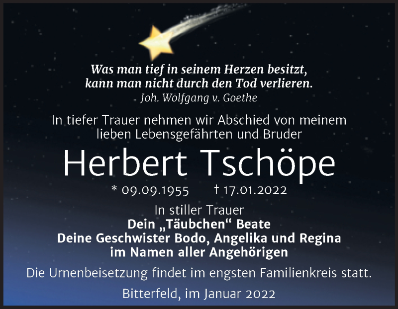  Traueranzeige für Herbert Tschöpe vom 29.01.2022 aus Trauerkombi Bitterfeld