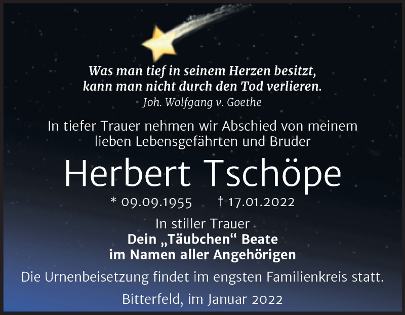  Traueranzeige für Herbert Tschöpe vom 26.01.2022 aus Trauerkombi Bitterfeld