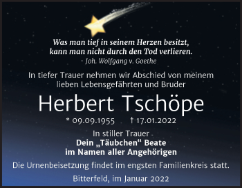 Traueranzeige von Herbert Tschöpe von Trauerkombi Bitterfeld