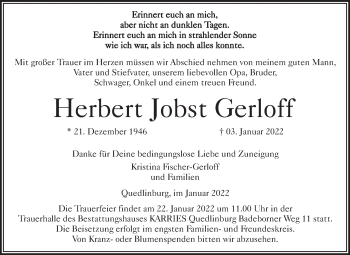Traueranzeige von Herbert Jobst Gerloff von Trauerkombi Quedlinburg
