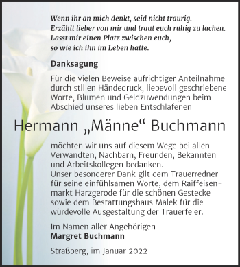 Traueranzeige von Hermann Buchmann von Trauerkombi Quedlinburg