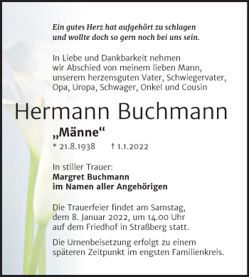 Traueranzeige von Hermann Buchmann von Trauerkombi Quedlinburg