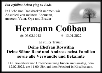 Traueranzeige von Hermann Coßbau von Trauerkombi Wittenberg