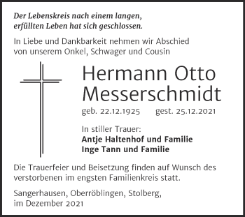 Traueranzeige von Hermann Otto Messerschmidt von Trauerkombi Sangerhausen