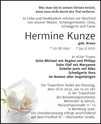 Traueranzeige von Hermine Kunze von Trauerkombi Bernburg