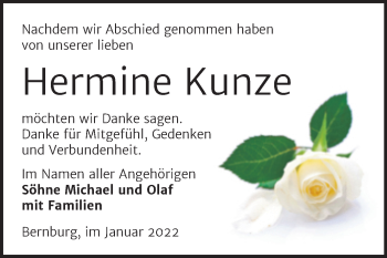 Traueranzeige von Hermine Kunze von Trauerkombi Bernburg