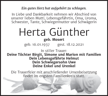 Traueranzeige von Herta Günther von Trauerkombi Bitterfeld